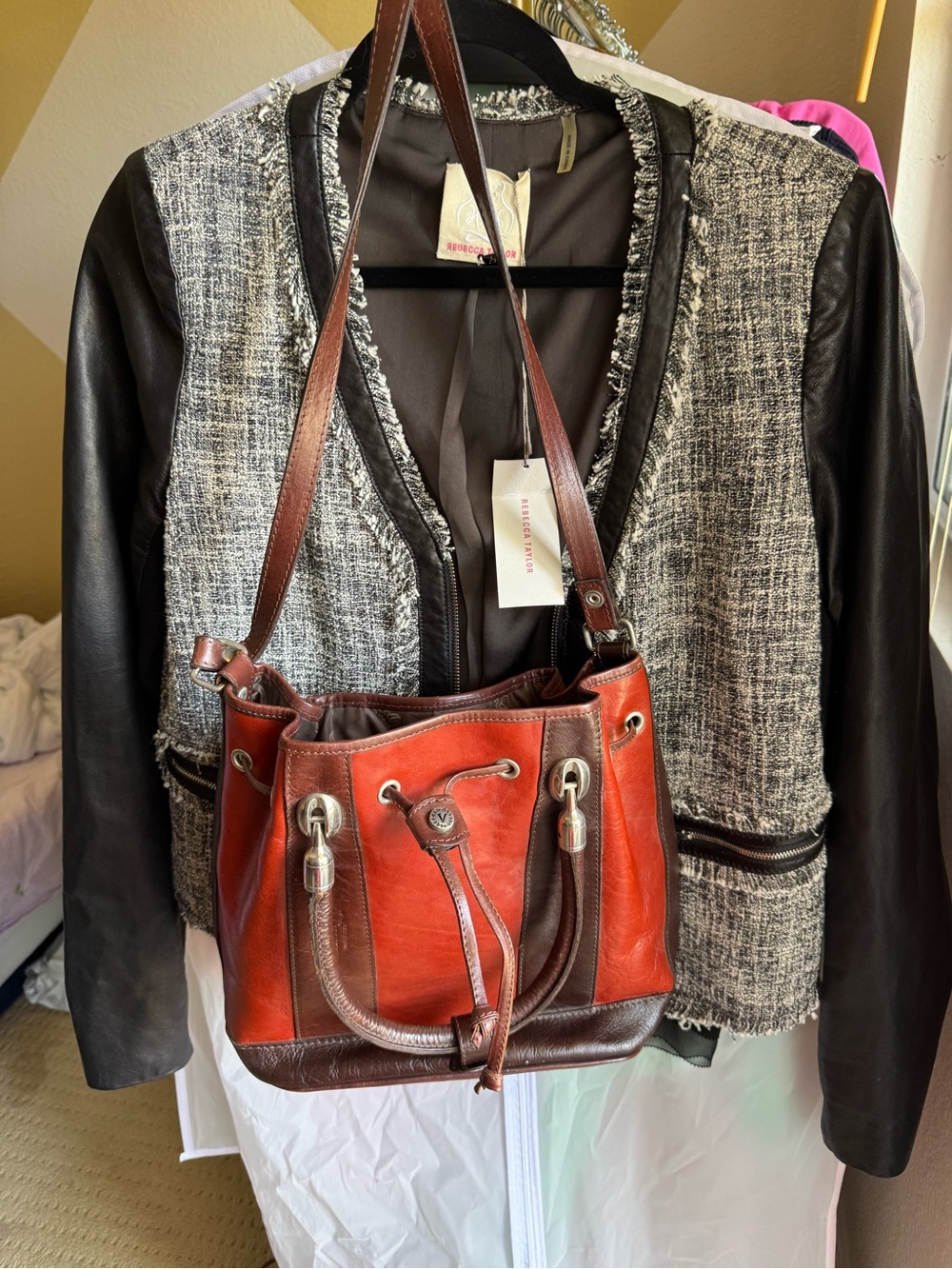 Valentina Two-Tone Red and Brown Leather Drawstring Shoulder Bag